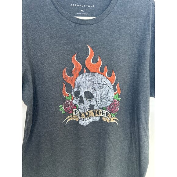 Aeropostale New York Shirt Men's XL Flaming Skull & Roses Graphic Tee Gray - Picture 2 of 6